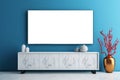 a modern plasma TV stands on a blue background with white living room furniture , generated by AI