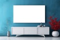 a modern plasma TV stands on a blue background with white living room furniture , generated by AI