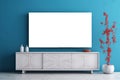 a modern plasma TV stands on a blue background with white living room furniture , generated by AI