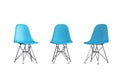 Modern plastic blue chair with chrome or metal legs with different angles isolated on white background