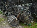 Modern plastic fish and crab traps ashore. Fishing industry