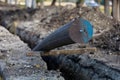 Modern plastic pipe, communications repair with selective focus. Replacement of water supply pipes. Background