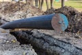 Modern plastic pipe, communications repair with selective focus. Replacement of water supply pipes. Background Royalty Free Stock Photo