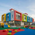 Modern playground and building with a vibrant, multi-colored facade featuring red, Royalty Free Stock Photo