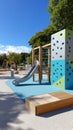 Modern playground with slide and climbing wall under blue sky Royalty Free Stock Photo