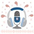 Modern podcast show or audio blog concept, brodcast flat illustration, vector microphone and headphones isolated on white