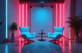 Modern podcast studio interior featuring two ergonomic armchairs bathed in vibrant neon light. Small table sits between, Royalty Free Stock Photo