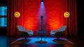 Podcast Studio Setup Two Chairs, Microphone, Red Brick Wall, Dramatic Lighting Royalty Free Stock Photo