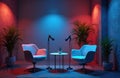 Modern podcast studio setup with two chairs, microphones, plants, and colorful lighting for interviews and broadcasts. Royalty Free Stock Photo