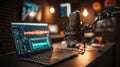Modern podcasting setup with laptop and microphone in studio Royalty Free Stock Photo