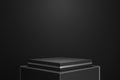 Modern podium or pedestal display on dark background with spotlight showing concept. Blank standing product shelf or backdrop. 3D
