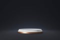 Modern podium or pedestal display with platform concept on dark background. Blank shelf stand for showing product. 3D rendering