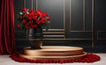 A modern podium with red rose background