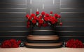 A modern podium with red rose background