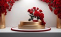 A modern podium with red rose background