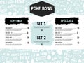 Modern Poke bowl restaurant menu design. Colorful grunge cafe template, healthy hawaiian nutrition, fish banner