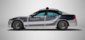 Modern police car with blue accents side view 3d render on gray background with shadow