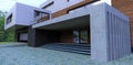 Modern porch design of an advanced expensive house. Concrete decorative structures. Stone blocks natural granite. Reflective swing