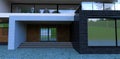 Modern porch design of an advanced home. Concrete steps. Black and white brick finish. Glass swing doors. Above is a glass