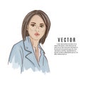 Modern portpait of pretty woman in leather jacket and blouse. Watercolor pople vector illustration. City cartoon Royalty Free Stock Photo