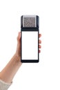 Modern POS terminal displaying blank touchscreen with printed receipt, isolated on white background, suitable for digital payments Royalty Free Stock Photo