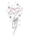 Modern poster continuous line, hand touching the heart of the planet with stars, the concept of self love, romance and