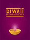 Modern poster for Diwali festival of lights with diya oil lamp on the background purple rangoli