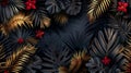 Modern poster with tropical black and gold leaves on dark background Beautiful botanical design with golden tropic Royalty Free Stock Photo