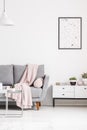 Modern poster on a white wall, grey sofa with blanket and cabinet in a living room interior. Real photo