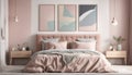 Modern posters above bed with headboard in pastel bedroom interior with mirror. Real photo Royalty Free Stock Photo