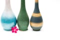 Modern pottery vases with beautiful patterns, pink flower in front of vases isolated