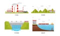 Modern Power Plants Collection, Coal, Wind, Hydro, Wave Industrial Factory Buildings Vector Illustration