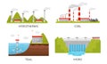 Modern Power Plants Collection, Hydrothermal, Coal, Tidal, Hydro Industrial Factory Buildings Vector Illustration