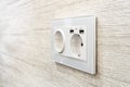Modern power socket, with two usb charger ports on white wall Royalty Free Stock Photo