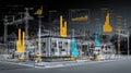 Advanced Power Station With Digital Overlays Showing Data Analytics and Energy Metrics at Dusk Royalty Free Stock Photo