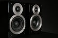 Modern powerful audio speakers on black background, closeup Royalty Free Stock Photo