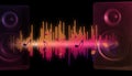 Modern powerful audio speakers and sound waves dark background