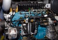 Modern powerful semi truck turbo diesel engine closeup