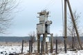 Modern powerful transformer substation with a variety of high-voltage connected wires and cables, electrical equipment