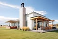 modern prairie house, sleek design, central chimney, green grass around