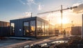 Modern Prefabricated Building Construction Site with Crane and Sunset Royalty Free Stock Photo