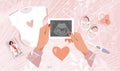 Modern pregnancy banner, female hands holding a baby ultrasound, a call to the doctor, a nipple and a positive pregnancy