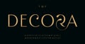 Modern premium alphabet, elegant golden letters with sophisticated tail for luxury fashion logo, stylish monogram