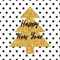 Modern print gold sparkle Christmas tree text Happy New Year on black polka dot seamless pattern