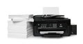 Modern printer and stack of paper on white background Royalty Free Stock Photo