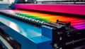 Modern printing press in a factory, producing multi colored documents generated by AI