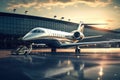 Modern private jet in the airport at sunset. 3D Rendering, Business jet in airport, AI Generated Royalty Free Stock Photo