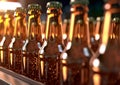 Modern production line on beer factory conveyor with brown glass bottles.Macro.AI Generative