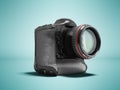 Modern professional camera for professional shooting with a black grasping black 3d rendering on blue background with shadow Royalty Free Stock Photo