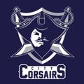 Modern professional pirates logo for sport team. Pirate mascot. Corsairs, vector symbol on a dark background.